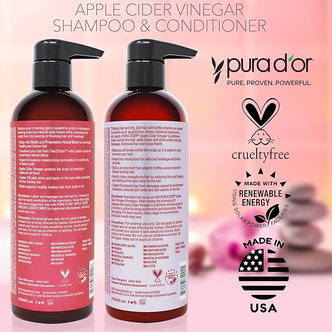 PURA D'OR Apple Cider Vinegar Thin2Thick Set (16oz x 2) ACV Shampoo & Conditioner, Clarifying - Biotin, Keratin, Caffeine, Castor Oil, Aloe - All Hair Types, Men & Women (Packaging may vary)