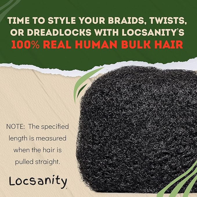 Locsanity Afro Kinky 100% Bulk Natural Human Hair - Braiding Hair for Dreadlocks, Loc Repair, Dreadlock Extensions, Twists, Braids - 16 Inches Long, 1 Oz