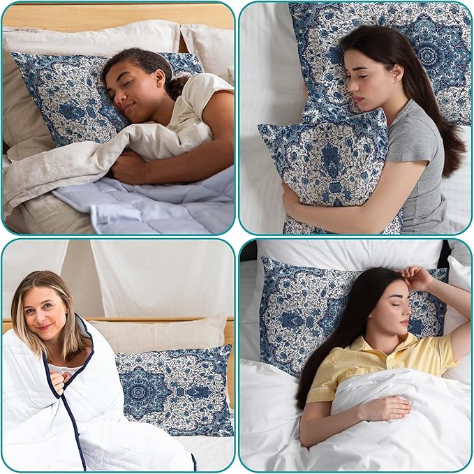 Satin Pillowcase Boho Blue Ethnic Carpet Similar to Silk Pillow Cases for Hair and Skin, 1 Pack Soft Smooth Breathable Cool Pillow Cases, with Hidden Zipper, Room Decor Essentials Queen Size 20" x 30"