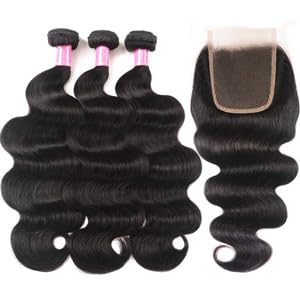YISEA Brazilian Body Wave Bundles with Closure(16 18 20+14 Closure) Human Hair 3 Bundles with 4x4 Lace Closure Braziian Virgin Human Hair