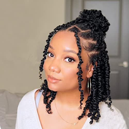 ZRQ Short 8 Packs Pre-twisted Bob Passion Twist Crochet Hair with Curly Ends 12 Inch Pre looped Black Passion Twists Hair 12 Roots/Pack Synthetic Bohemian Crochet Braids Hair for Black Women 1B#
