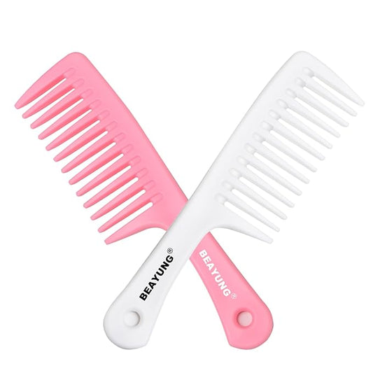 2 PCS Large Wide Tooth Comb, Shower Combs for Women, Curly Hair Brush, Detangling Comb, Hair Styling, Hairdressing Tool (1Pink,1White)