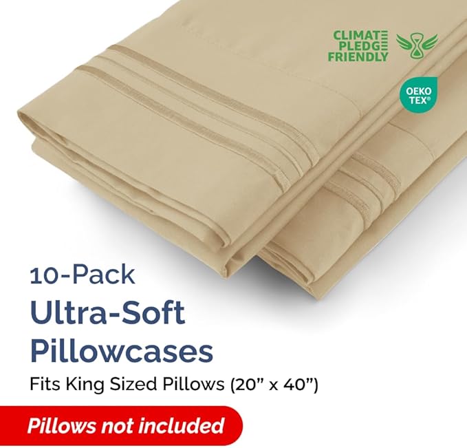 King Pillow Cases Set of 10 - Ultra Soft Hotel Quality Pillowcase Covers - Comfy & Wrinkle Free - Shrink, Stain and Fade Resistant - Easy-Care, Machine Washable Pillow Protectors - 10 Pcs Set - Beige