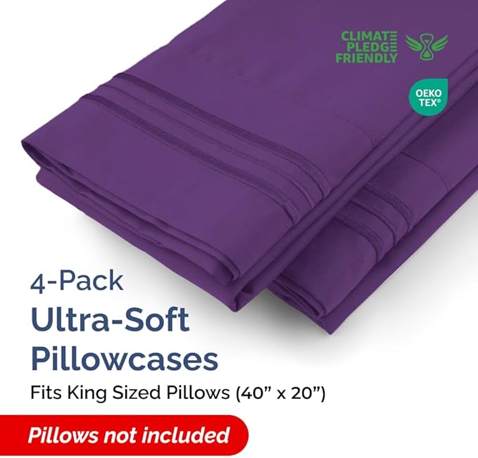 King Pillow Cases Set of 4 - Ultra Soft Hotel Quality Pillowcase Covers - Comfy, Cozy & Wrinkle Free - Shrinkage, Stain and Fade Resistant - Machine Washable Pillow Protectors - 4 Piece Set - Purple
