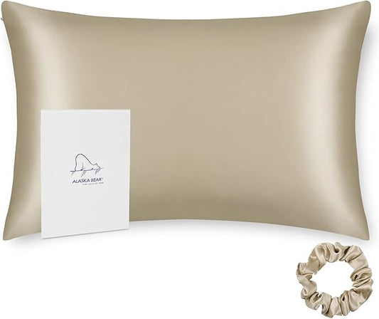 Standard Size Silk Pillowcase ALASKA BEAR Random Color Silk Scrunchie Gift Set for Beauty Sleep (1, Beige)