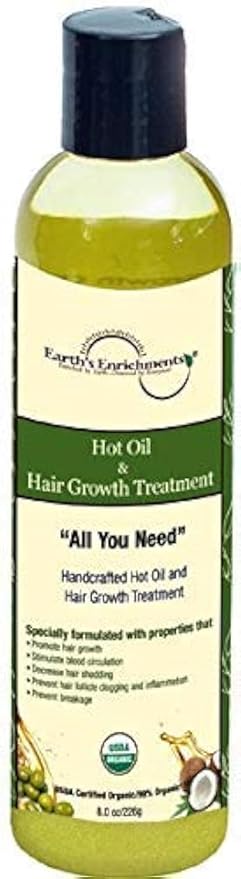 Earth's Enrichments Hot Oil Treatment for Dry, Damaged Hair, Hair Growth Serum, Moisturizes, Hydrates, Reduce Shedding and Breakage, USDA Organic, 8oz