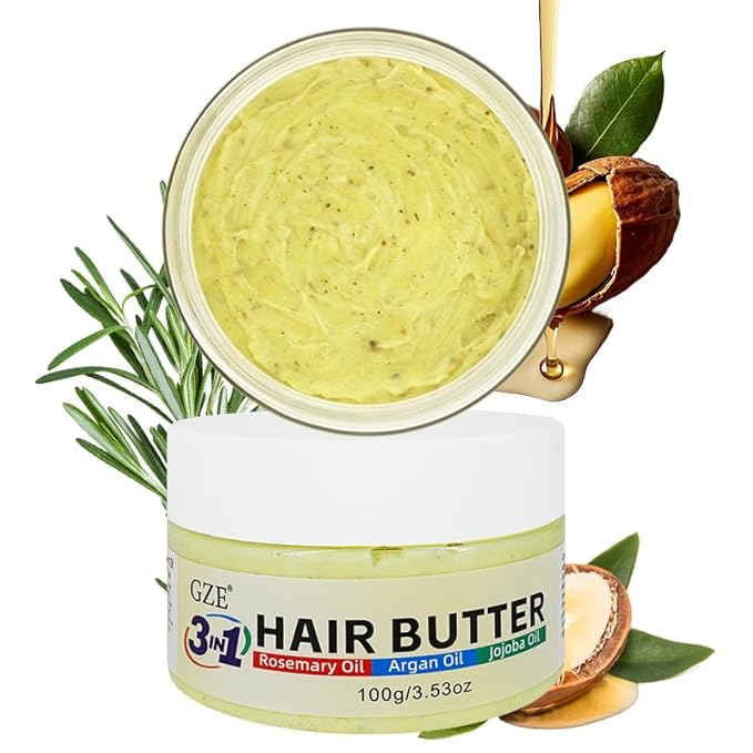 GZE 3 IN 1 Hair Growth Butter with Rosemary Oil, Argan Oil & Jojoba Oil | Intense Moisturizing & Nourishing for Dry, Damaged & Curly Hair | Revitalizing Hair Grease for Frizz Control & Shine