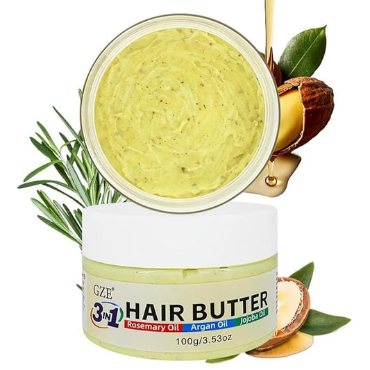 GZE 3 IN 1 Hair Growth Butter with Rosemary Oil, Argan Oil & Jojoba Oil | Intense Moisturizing & Nourishing for Dry, Damaged & Curly Hair | Revitalizing Hair Grease for Frizz Control & Shine