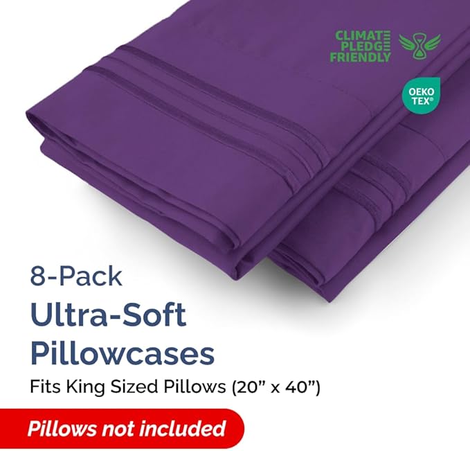 King Pillow Cases Set of 8 - Ultra Soft Hotel Quality Pillowcase Covers - Comfy & Wrinkle Free - Shrink, Stain and Fade Resistant - Easy-Care, Machine Washable Pillow Protectors - 8 Piece Set - Purple