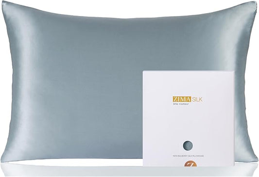 ZIMASILK 100% Pure Mulberry Silk Pillowcase for Hair and Skin Health,Soft and Smooth,Both Sides Premium Grade 6A Silk,600 Thread Count,with Hidden Zipper,1pc (King 20''x36'',Dusty Blue)