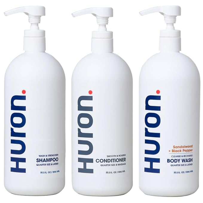 Huron Jumbo Shower Kit - Shampoo, Conditioner, & Body Wash For Men - Sandalwood + Black Pepper Scent - Hydrating & Nourishing Men’s Shampoo & Conditioner (30.3 Oz Each)