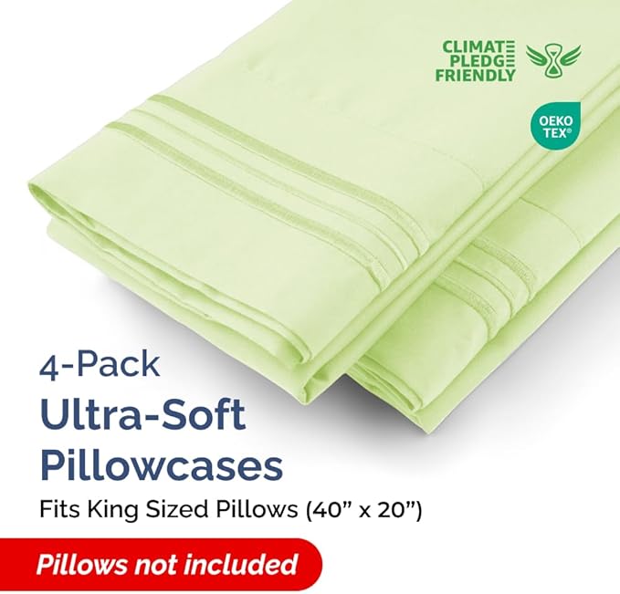 King Pillow Cases Set of 4 - Ultra Soft Hotel Quality Pillowcase Covers - Comfy, Cozy & Wrinkle Free - Shrinkage & Fade Resistant - Machine Washable Pillow Protectors - 4 Piece Set - Light Sage Green
