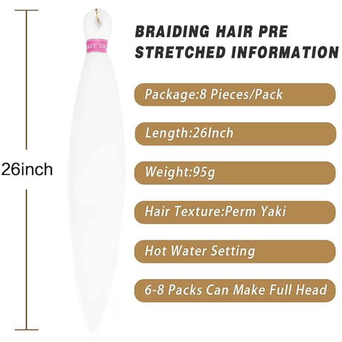 AQINBEL White Braiding Hair 8 Bundles/Pack 26" Braiding Hair Pre Stretched Itch Free Crochet Twist Braids Hair Yaki Texture Hair for Braiding Extensions for Women (White)