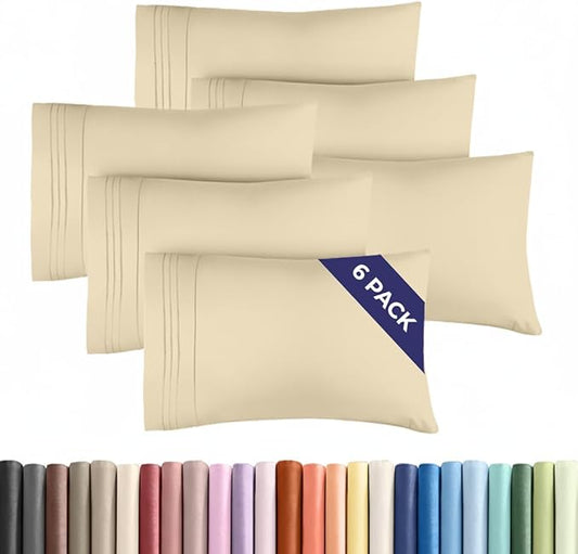 King Pillow Cases Set of 6 - Ultra Soft Hotel Quality Pillowcase Covers - Comfy & Wrinkle Free - Shrink, Stain and Fade Resistant - Easy-Care, Machine Washable Pillow Protectors - 6 Piece Set - Cream