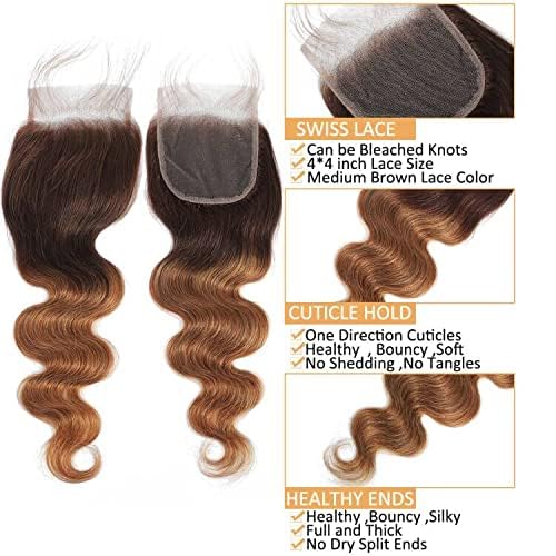 Ombre Color Body Wave Human Hair Bundles With Closure (T4/30, 20 22 24+18) 2 Tone Ombre 3 Bundles With 4x4 Lace Closure 100% Unprocessed Brazilian Virgin Hair Body Wave Human Hair Bundles With Closure