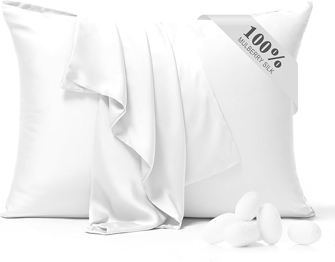 100% Pure Silk Pillowcase 2 Pack for Hair and Skin, Both Sides 23 Momme Grade 6A+ Mulberry Silk Pillowcases with Hidden Zipper, Soft&Smooth Cooling Pillow Cases (White, King 20x36)