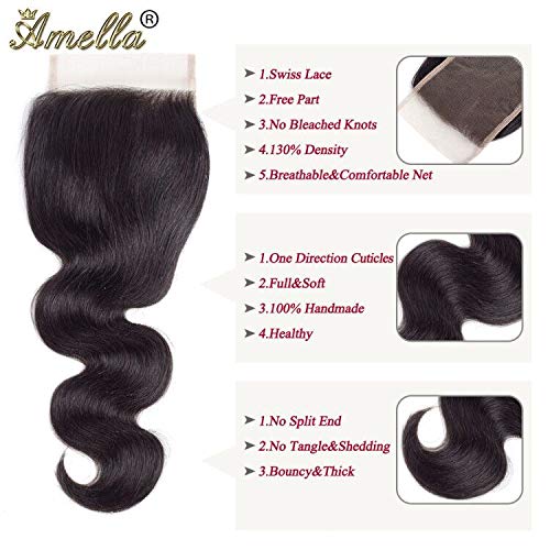 Amella Hair Brazilian Body Wave Hair 3 Bundles with Free Part Closure 10A Unprocessed Virgin Human Hair Bundles with Closure Natural Black Color(20 22 24+20inch free part closure)