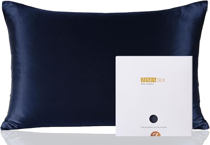ZIMASILK 100% Pure Mulberry Silk Pillowcase for Hair and Skin Health,Soft and Smooth,Both Sides Premium Grade 6A Silk,600 Thread Count,with Hidden Zipper,1pc(Standard 20''x26'',Navy Blue)