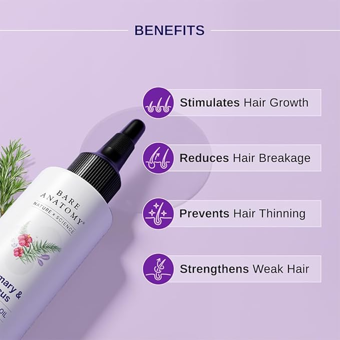 Bare Anatomy Nature x Science Rosemary Hibiscus Hair Growth Oil for Women & Men | Helps Hair Growth & Strengthens Hair | Nourishes Scalp & Controls Hair Fall | Suitable for All Hair Types-100ml