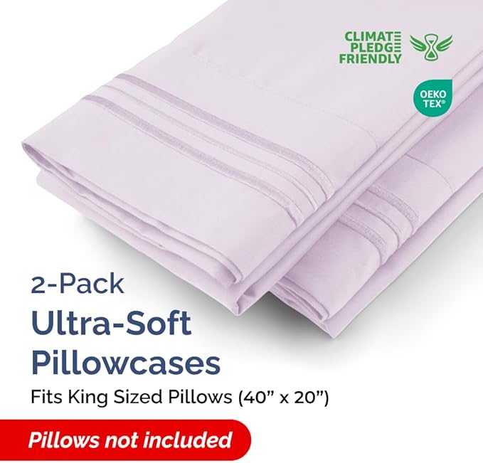 King Pillow Cases Set of 2 - Ultra Soft Hotel Quality Pillowcase Covers - Comfy, Cozy & Wrinkle Free - Shrinkage and Fade Resistant - Machine Washable Pillow Protectors - 2 Piece Set - Light Lavender