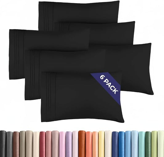 King Pillow Cases Set of 6 - Ultra Soft Hotel Quality Pillowcase Covers - Comfy & Wrinkle Free - Shrink, Stain and Fade Resistant - Easy-Care, Machine Washable Pillow Protectors - 6 Piece Set - Black