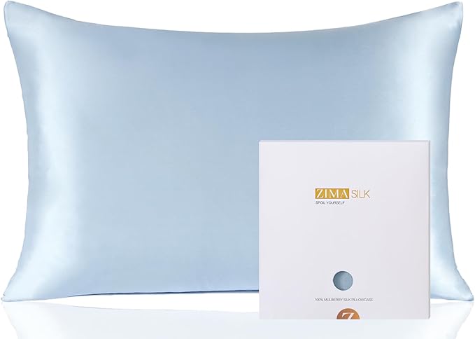 ZIMASILK 100% Pure Mulberry Silk Pillowcase for Hair and Skin Health,Soft and Smooth,Both Sides Premium Grade 6A Silk,600 Thread Count,with Hidden Zipper,1pc (King 20''x36'',Light Blue)