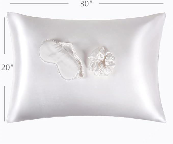 Satin Pillowcase for Hair and Skin, Vegan Silk Pillowcase Set-2 Ivory Satin Pillowcases Queen Size, 1 Eye Mask, 1 Scrunchie-Luxury Sleep Set, White Pillow Cases with Envelope Closure