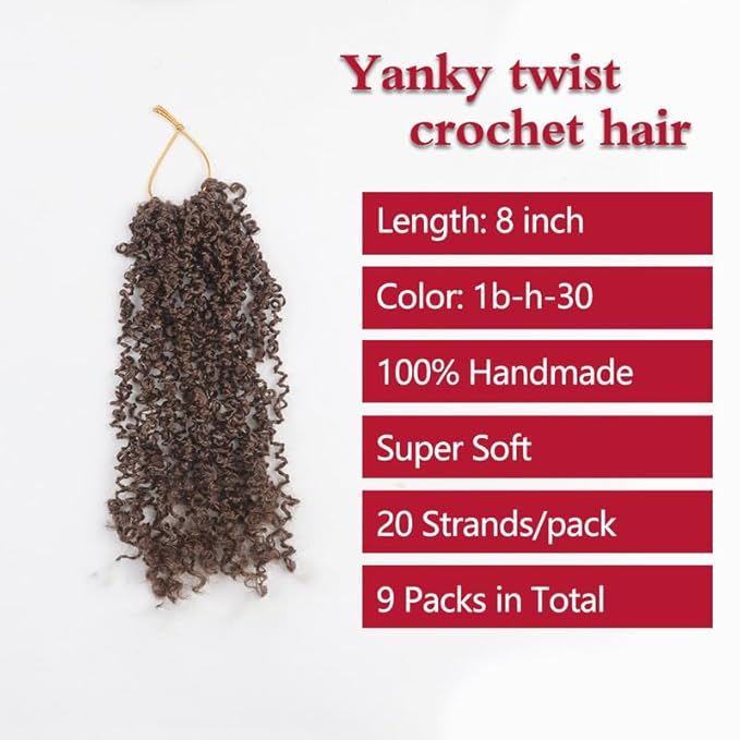 Yanky Twist Crochet Hair, PILLUGER Yaki Twists Hair Micro Spring Twist Braids,9 Packs Pre-looped passion Twist Brown Senegalese With Curls Crochet Synthetic Hair Extensions（8-1B/H/30）