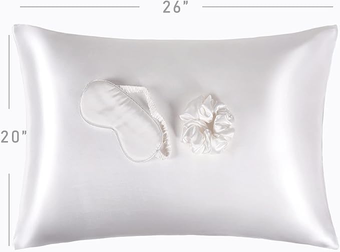 Satin Pillowcase for Hair and Skin, Vegan Silk Pillowcase Set-2 Ivory Satin Pillowcases Standard Size, 1 Eye Mask, 1 Scrunchie-Luxury Sleep Set, White Pillow Cases with Envelope Closure
