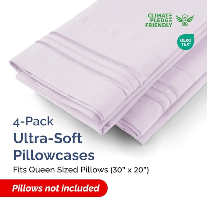 Queen Pillow Cases Set of 4 - Ultra Soft Hotel Quality Pillowcase Covers - Comfy, Cozy & Wrinkle Free - Shrinkage and Fade Resistant - Machine Washable Pillow Protectors - 4 Piece Set - Light Lavender