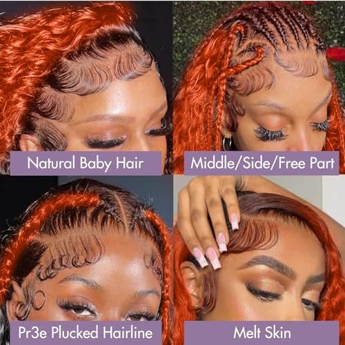 250% Density 34 Inch Deep Wave Lace Front Wigs Human Hair Pre Plucked 13x6 HD Transparent Lace Frontal Wigs Ginger Orange Colored Human Hair Deep Curly Glueless Wigs Human Hair for Women