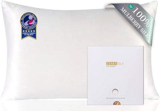 ZIMASILK 100% Pure Mulberry Silk Pillowcase for Hair and Skin Health,Soft and Smooth,Both Sides Premium Grade 6A Silk,600 Thread Count,with Hidden Zipper,1pc (King 20''x36'',White)