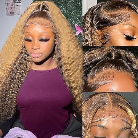 MEGOOD 250% Density 13x6 Highlight Ombre Lace Front Wig Human Hair 13x6 HD Honey Blonde 4/27 Curly Wig Human Hair Pre Plucked Deep Wave Lace Front Wigs Human Hair Colored Wigs 28Inch
