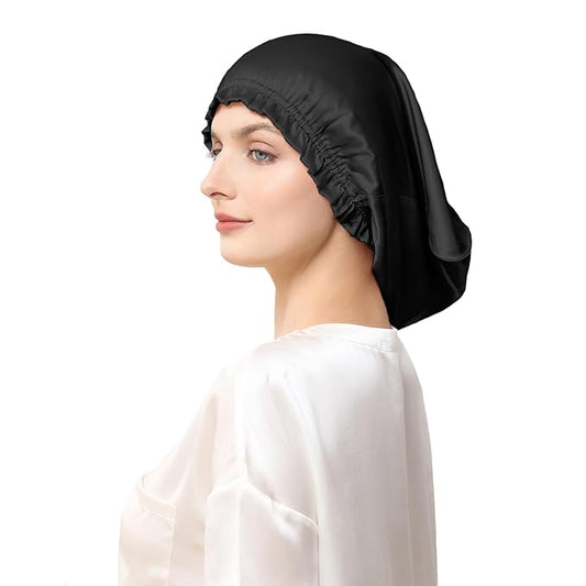 THXSILK 100% Mulberry Silk Bonnet for Sleeping Women, Silk Bonnet with Elastic Band, Hair Wrap Cap for Women Curly Hair, Black