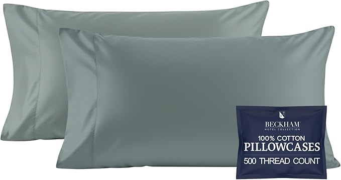 Beckham Hotel Collection 100% Cotton Pillow Cases King Size Set of 2, 500TC, Luxury Sateen Pillowcases, Open End, Breathable, Moisture-Wicking, Aqua Gray