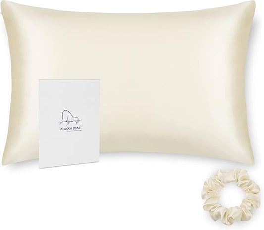 ALASKA BEAR Silk Pillowcase King Size for Hair and Skin Beauty Sleep 100% Organic Pillow Slip Case with Random Color Silk Scrunchie Gift Set (1pc, Cream)