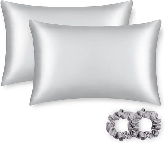 ALASKA BEAR Silk Pillowcase for Hair and Skin, Set of 2 Pure Genuine 22 Momme Mulberry Silk Pillow Cases Queen Size for Bliss Sleep Better Than Poly Satin, Zipper Closure(2pc,Silver)