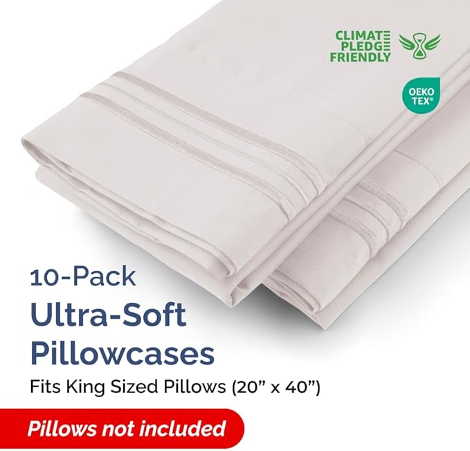 King Pillow Cases Set of 10 - Ultra Soft Hotel Quality Pillowcase Covers - Comfy. Cozy & Wrinkle Free - Shrink, Stain and Fade Resistant - Machine Washable Pillow Protectors - 10 Pcs Set - Light Grey
