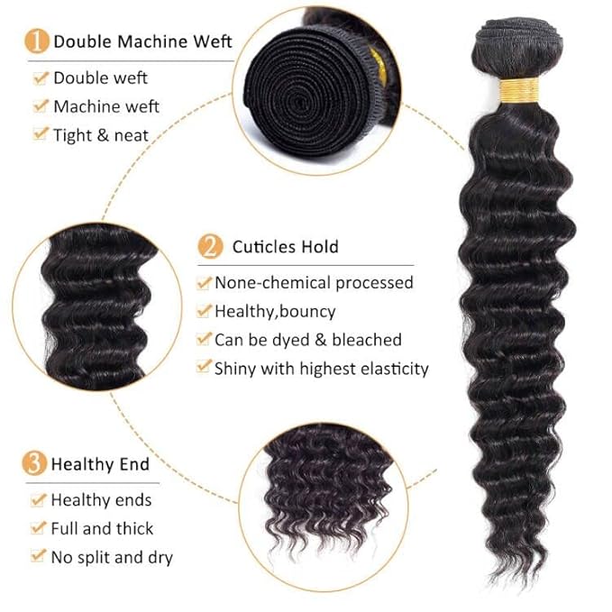 Deep Wave Hair 3 Bundles 9A 100% Unprocessed Virgin Brazilian Remy Human Hair Loose Deep Wave Hair Bundles Human Hair Extensions Natural Black (18 18 18)