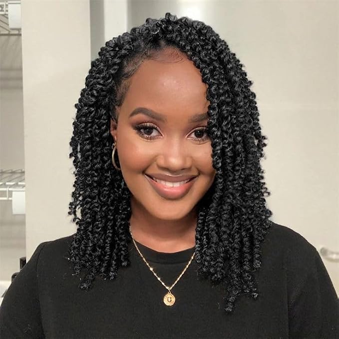 ZRQ Short 8 Packs Pre-twisted Bob Passion Twist Crochet Hair with Curly Ends 10 Inch Pre looped Black Passion Twists Hair 12 Roots/Pack Synthetic Bohemian Crochet Braids Hair for Black Women 1B#