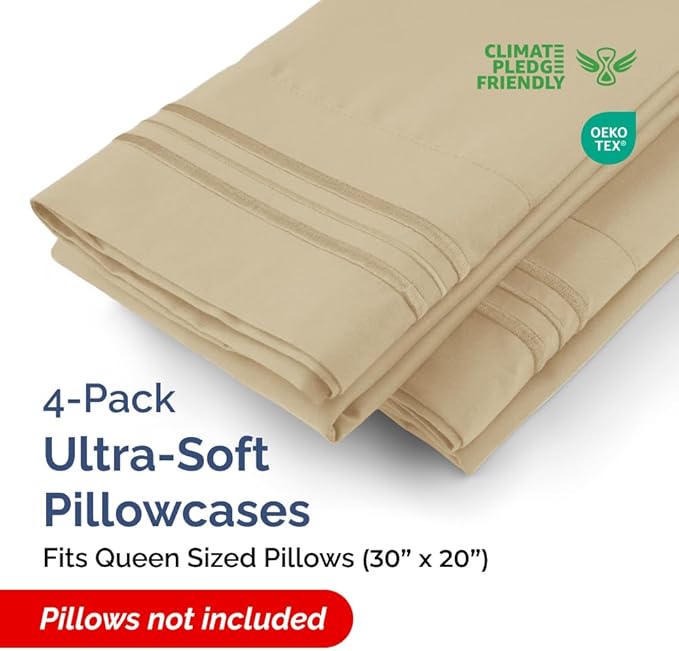 Queen Pillow Cases Set of 4 - Ultra Soft Hotel Quality Pillowcase Covers - Comfy, Cozy & Wrinkle Free - Shrinkage, Stain and Fade Resistant - Machine Washable Pillow Protectors - 4 Piece Set - Beige