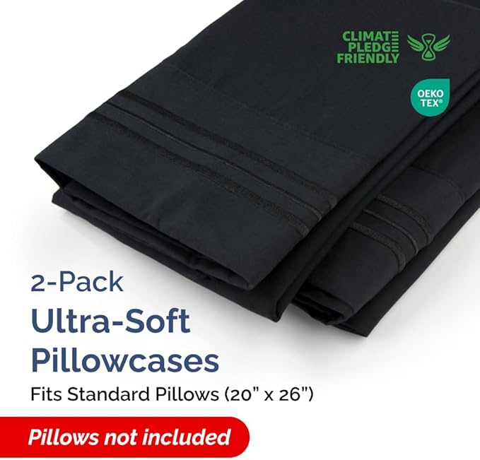 Standard Pillow Cases Set of 2 - Ultra-Soft Hotel Quality Pillowcase Covers - Comfy & Wrinkle Free - Stain and Fade Resistant - Machine Washable Pillow Protectors - 2 Piece Set - Standard Size Black