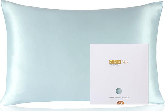 ZIMASILK 100% Pure Mulberry Silk Pillowcase for Hair and Skin Health,Soft and Smooth,Both Sides Premium Grade 6A Silk,600 Thread Count,with Hidden Zipper,1pc(Standard 20''x26'', Powder Blue)