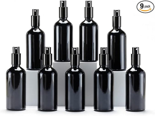 YIZHAO Black Glass Spray Bottles 4oz, with Small Fine Mist Spray, Metal Cap, Refillable for Essential Oil,Travel,Cleaning,Perfume,Aromatherapy,Makeup – 9 Pcs