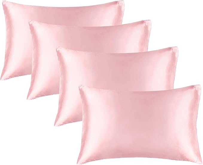 BEDELITE Satin Pillowcase for Hair and Skin, Super Soft Similar to Silk Pillow Cases 4 Pack with Envelope Closure, Cooling Pillowcases for Women Men (20"x40" King Size, Pink)