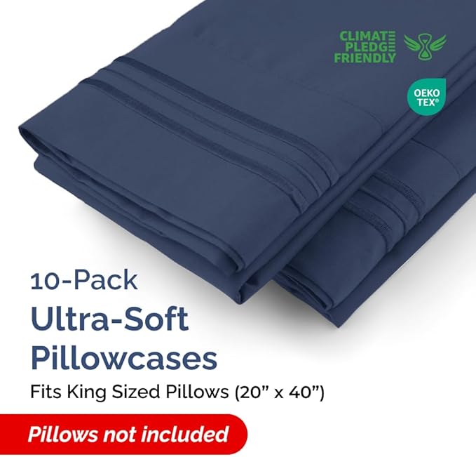 King Pillow Cases Set of 10 - Ultra Soft Hotel Quality Pillowcase Covers - Comfy. Cozy & Wrinkle Free - Shrink, Stain and Fade Resistant - Machine Washable Pillow Protectors - 10 Piece Set - Navy Blue