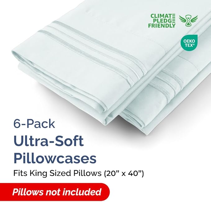 King Pillow Cases Set of 6 - Ultra Soft Hotel Quality Pillowcase Covers - Comfy & Wrinkle Free - Shrink, Stain & Fade Resistant - Easy-Care, Machine Washable Pillow Protectors - 6 Piece Set - Ice Blue