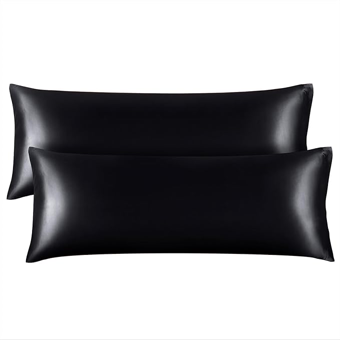 BEDELITE Satin Body Pillow Cover 2 Pack, Super Soft and Cooling Body Pillow Pillowcase for Hair and Skin, Breathable Silky Full Long Pillowcase Cover(20"x54", Black)