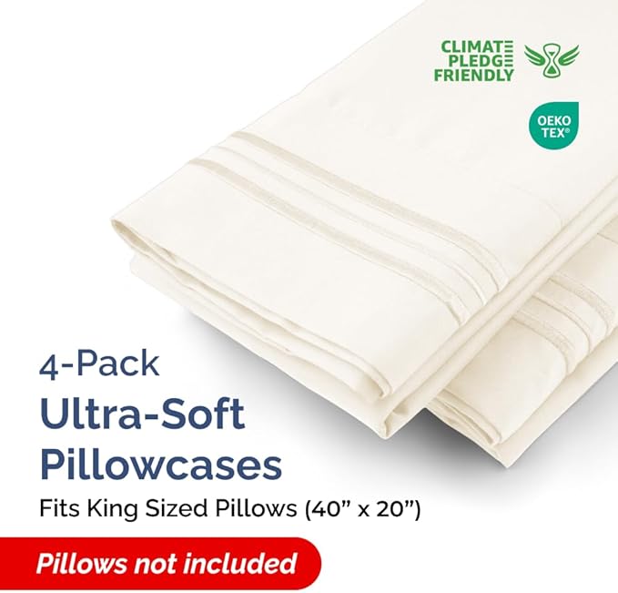 King Pillow Cases Set of 4 - Ultra Soft Hotel Quality Pillowcase Covers - Comfy, Cozy & Wrinkle Free - Shrinkage, Stain & Fade Resistant - Machine Washable Pillow Protectors - 4 Piece Set - Off White