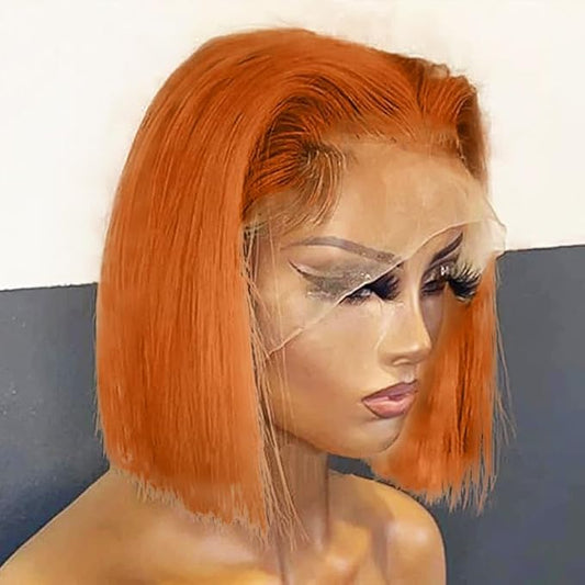 250% Density Ginger Bob Wig Human Hair 13x4 HD Lace Closure Wig Orange Bob Human Hair Wig with Baby Hair Short Straight Bob Colored Wig for Women 14 Inch